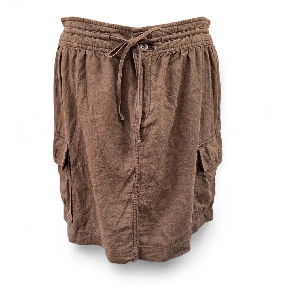 Izod Brown Linen Blend Mini Skirt Cargo Pockets Elastic Drawstring Waist Size 12